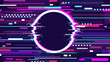 © LadadikArt - Glitch digital background. Dark television banner with circle destroyed frame. Games graphic, colorful tv glowing screen. Cyberpunk noise racy vector element