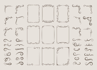 Flourish frames and corners for wedding cards, monogram simple accent. Luxury ritual elegant frame, flourish ornaments. Racy line decoration vector set