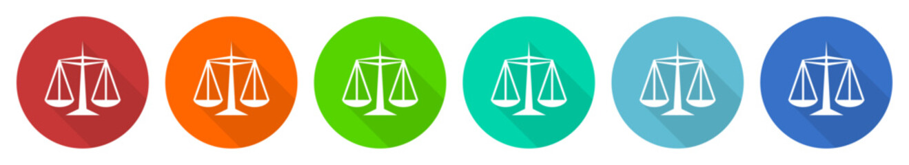 Poster - Justice icon set, scales, weight flat design vector illustration in 6 colors options for webdesign and mobile applications