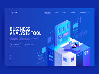 Wall Mural - Business analysis tool landing page template. Business strategy and planning. Budget accounting or statistics. Analysis trends and financial strategy by using infographic chart. Vector isometric