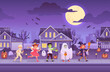 Children wearing halloween costumes. Kid groups in diversity monster costume at dark house night city street, trick or treat party ghost carnival, ingenious vector illustration