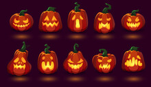 Glowing Jack O Lantern. Lights In Dark Pumpkins With Scary Carved Expression Faces, Halloween Jack-o-lanterns Black Pumkin Scarecrow Eyes, Cartoon Art Ingenious Vector Illustration