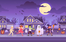 Children Wearing Halloween Costumes. Kid Groups In Diversity Monster Costume At Dark House Night City Street, Trick Or Treat Party Ghost Carnival, Ingenious Vector Illustration