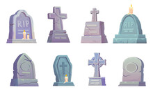 Cartoon Headstones. Scary Gravestones Stone Crosses, Halloween Ring Grave Crypt Or Old Tombstone Of Graveyard, Funeral Elements Rip Concept Cemetery, Ingenious Vector Illustration