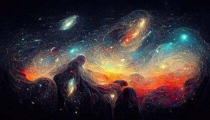 Wall Mural - Abstract cosmos background art with galaxies, universe, stars, planets and dark clouds in the night, fantasy fairy tail wallpaper drawing painted illustration with cosmic swirls
