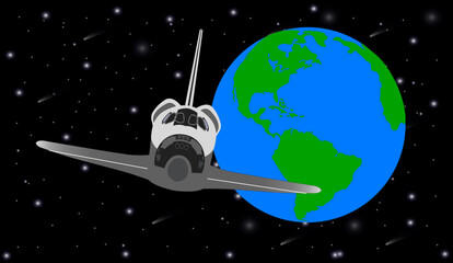Wall Mural - space shuttle near the earth planet of solar system with lens flare. vector illustration. elements o