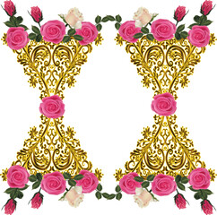 Poster - pink rose flowers and brown ornament on white