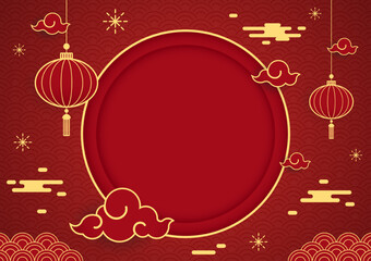 Happy Chinese new year 2023. Chinese new year banner with circle for show product. Greeting card. China frame with lantern on red background.