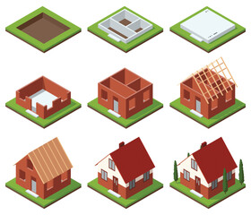 House construction Isometric set stage-by-stage. Visualization of modern building on different building process. Collection of phases from plan to finished building