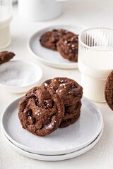 Wall Mural - Double chocolate cookies with dark chocolate chips and salt flakes