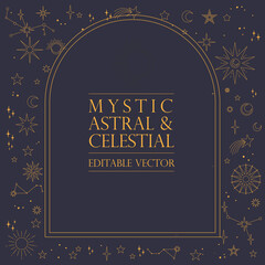 Wall Mural - astral celestial frame with stars, hands, sun, moon phases, and copy space. mystic design. ornate ma