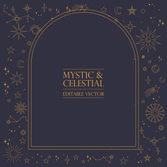 astral celestial frame with stars, hands, sun, moon phases, and copy space. mystic design. ornate ma