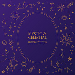 Wall Mural - astral celestial frame with stars, hands, sun, moon phases, and copy space. mystic design. ornate ma