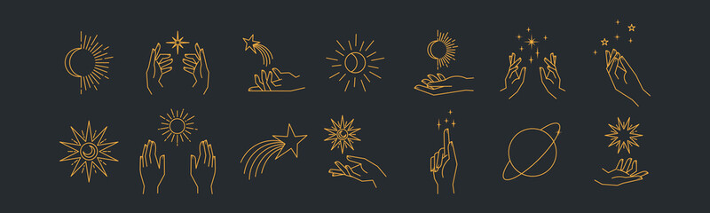 Wall Mural - Aesthetic astral hands. Collection of cosmic and celestial elements with sun, moon and stars. Isolated editable linear vectors.