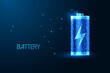 Abstract battery with charging symbol of in futuristic glowing low polygonal style on dark blue 