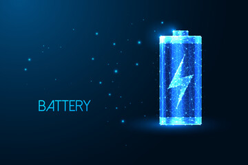 Abstract battery with charging symbol of in futuristic glowing low polygonal style on dark blue 