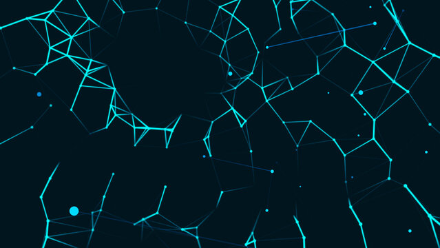 Abstract blue chaotic glowing background. Constellation design, outer space. Texture of geometric shapes, triangles, lines, dots, particles. Starry sky. Poster technology, business, social networks.