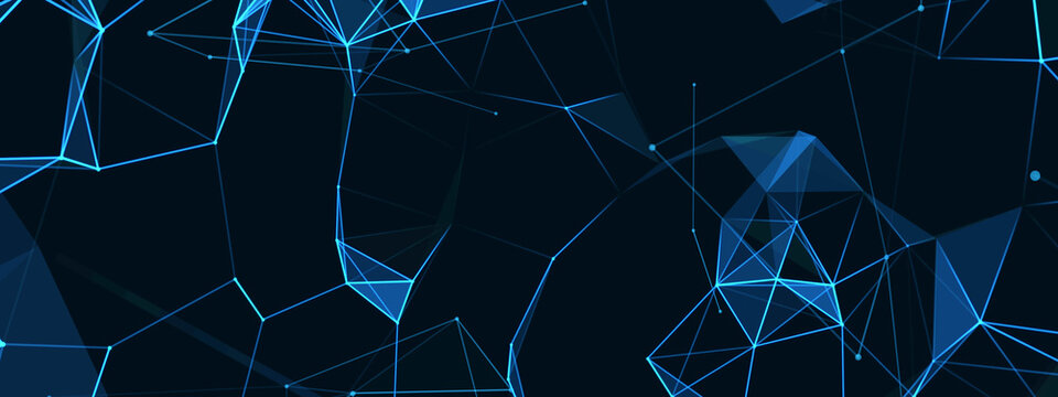 Abstract blue chaotic background. Constellation design, outer space. Texture of geometric shapes, triangles, lines, dots, particles. Starry sky. Poster for technology, business, social networks.