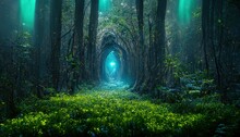Raster Illustration Of Tunnel In The Forest Of Trees With Shining Light At The End. Passage Through The Dense Forest, Natural Wonders, Wild, Portal To Another World, Courtship Of Nature. 3D Artwork