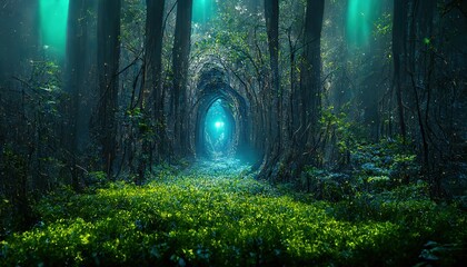 raster illustration of tunnel in the forest of trees with shining light at the end. passage through 