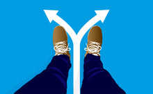 Making A Choice - Top Down View Of Feet With Shoes And Arrows Pointing In Different Direction. Life Choices Concept, Vector Illustration