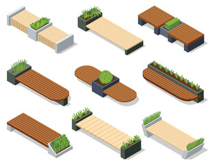 Isometric benches icon set. Eco street seating. Modern design element with flower bed in city park. Place for rest, relaxation and picnic or meeting friends