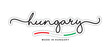 © simbos - Made in Hungary, new modern handwritten typography calligraphic logo sticker, abstract Hungary flag ribbon banner
