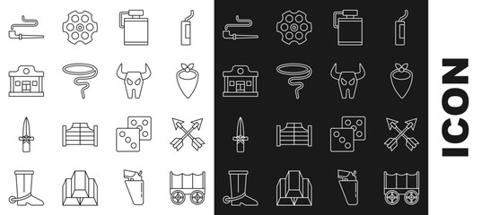 Poster - Set line Wild west covered wagon, Crossed arrows, Cowboy bandana, Canteen water bottle, Lasso, saloon, Smoking pipe and Buffalo skull icon. Vector