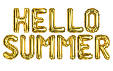 Wall Mural - Hello summer balloons. Summer season celebration. Yellow Gold foil helium balloon. Word good for party, greeting card, events. English Alphabet Letters. Isolated white background. High quality photo