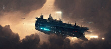 Cyberpunk Aircraft Carrier Cargo Ship Strongly Digital Art Illustration Painting Hyper Realistic