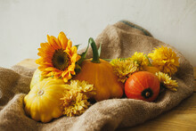 Rustic Autumn Still Life. Colorful Autumn Flowers, Pumpkins, Pattypan Squashes On Burlap On Wooden Table. Seasons Greeting Card, Space For Text. Happy Thanksgiving! Harvest Time In Countryside