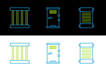 Poster - Set line Decree, paper, parchment, scroll, Prison window and cell door icon. Vector