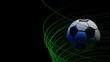 Black-white soccer ball with green  spiral laser beam particles under black-blue lighting background. 3D illustration. 3D high quality rendering. 3D CG.