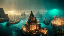 Abstract Fantasy Landscape, Ancient Stone Temple, Neon Sunset. Fantasy City On The Coast. Atlantis, The Lost Underwater City. 3D Illustration.