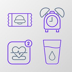 Sticker - Set line Glass with water, Mobile heart rate, Alarm clock and Sports nutrition icon. Vector