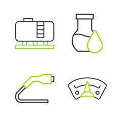 Sticker - Set line Motor gas gauge, Electrical cable plug charging, Oil petrol test tube and tank storage icon. Vector