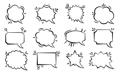 Aufkleber - Pop art speech bubble set. Retro sketch comic page text message balloon template. Fun shapes speak cloud banner. Blank social media dialog. Web chat comment sign. Cartoon boom burst wow effect frame