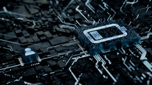 Energy Technology Concept With Low Battery Symbol On A Microchip. White Neon Data Flows Between The Battery And The User Across A Futuristic Motherboard. 3D Render.