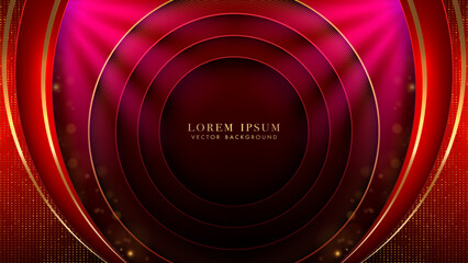 luxury golden lines curve with circle ring glowing, shine dots effect and bokeh decoration on red ba