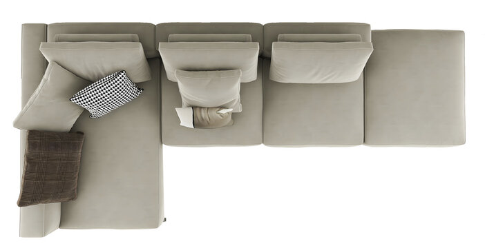 Top view modern gray L sofa and pillows Transparent. Png. 3D rendering