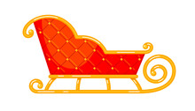 Santa's Christmas Sleigh. Red Empty Vintage Winter Cart With Golden Runners, Sled Side View. Vector Colorful Cartoon Illustration Isolated On White Background