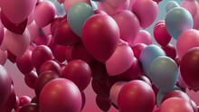 Magenta, Pink And Blue Balloons Rising In The Air. Colorful, Party Background.