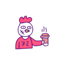 Cool Rooster Chicken Character Drink A Cup Of Coffee, Illustration For T-shirt, Sticker, Or Apparel Merchandise. With Doodle, Retro, And Cartoon Style.