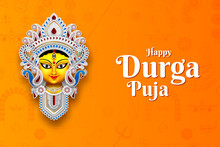 Happy Durga Puja Festival Banner Design In Yellow Background With Goddess Durga Face Illustration
