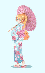 Anime manga girls in traditional Japanese kimono costume holding paper umbrella. Vector illustration on isolated background