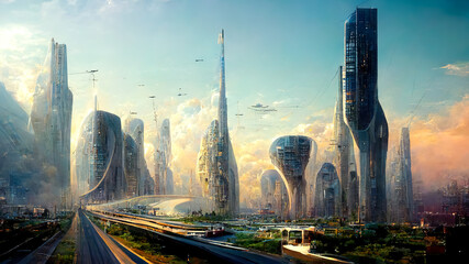 High-rise buildings, flying vehicles, and lush vegetation all coexist in futuristic fantasy cityscape. Spectacular digital art 3D illustration. Acrylic painting.