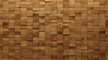 Timber Tiles Arranged To Create A Natural Wall. 3D, Wood Background Formed From Rectangular Blocks. 3D Render