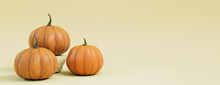 Contemporary Autumn Banner With A Collection Of Pumpkins On Pale Yellow Background.
