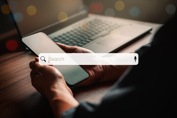 Poster - Man using a mobile phone in the room for searching browsing internet data information. Business concept for Using search with your website.