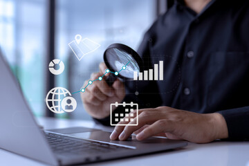 Poster - Business analyst with magnifying glass analyzing graphs and charts for market expansion, financial reports, investment data, or sales information concepts.